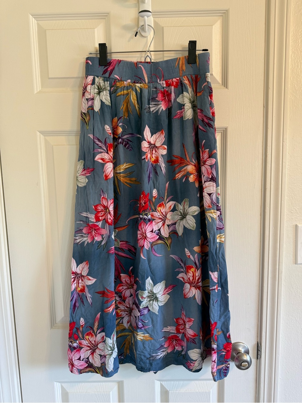 Blue Floral Maxi Skirt with Bold Pink and White Floral Pattern w/ stretchy waist